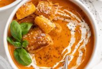 Velvety Tomato Bisque with Golden Cheese Croutons