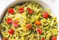 Zucchini Noodles with Pesto and Burst Cherry Tomatoes