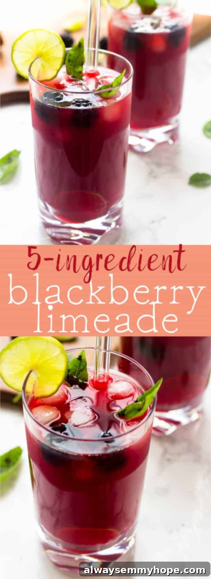 Pour a glass of this cool and refreshing Blackberry Limeade made with just 5 ingredients in just 20 minutes for a great summer drink! via https://jessicainthekitchen.com