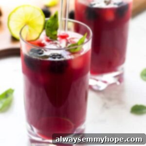 Side shot of two glasses of blackberry limeade with straws, a perfect summer refresher.