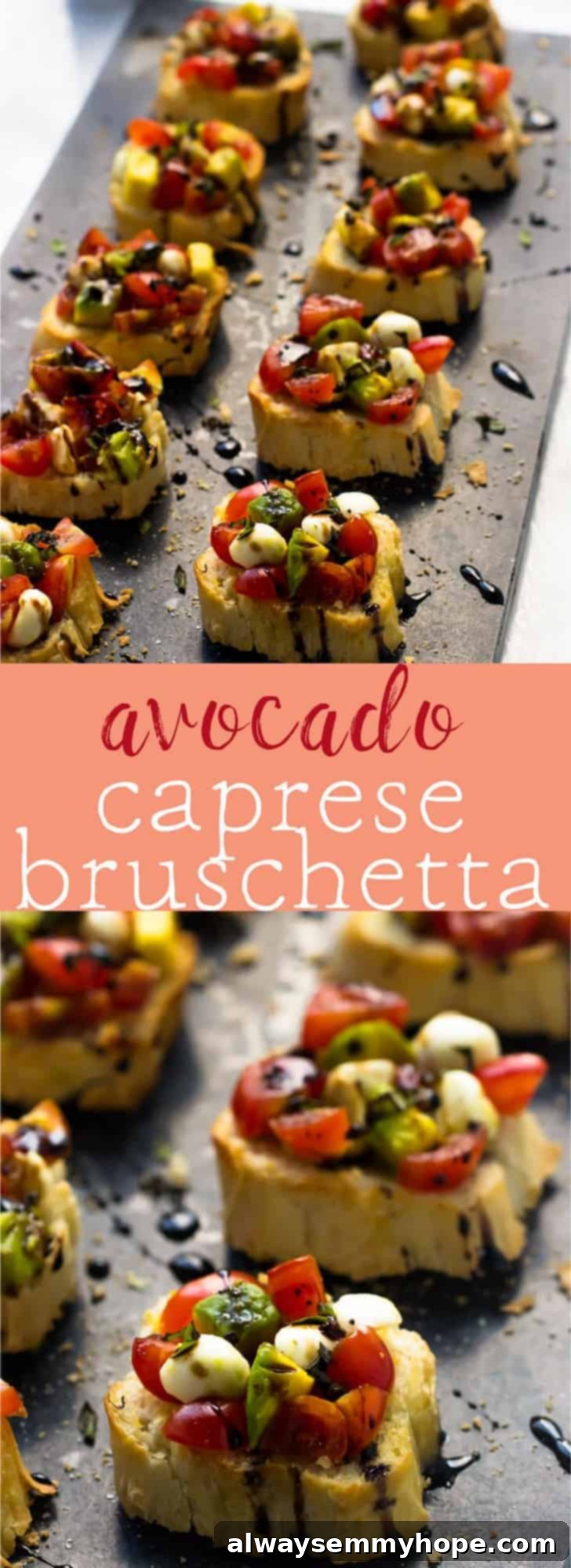 Promotional image for Avocado Caprese Bruschetta, highlighting its quick 10-minute preparation and crowd-pleasing qualities.