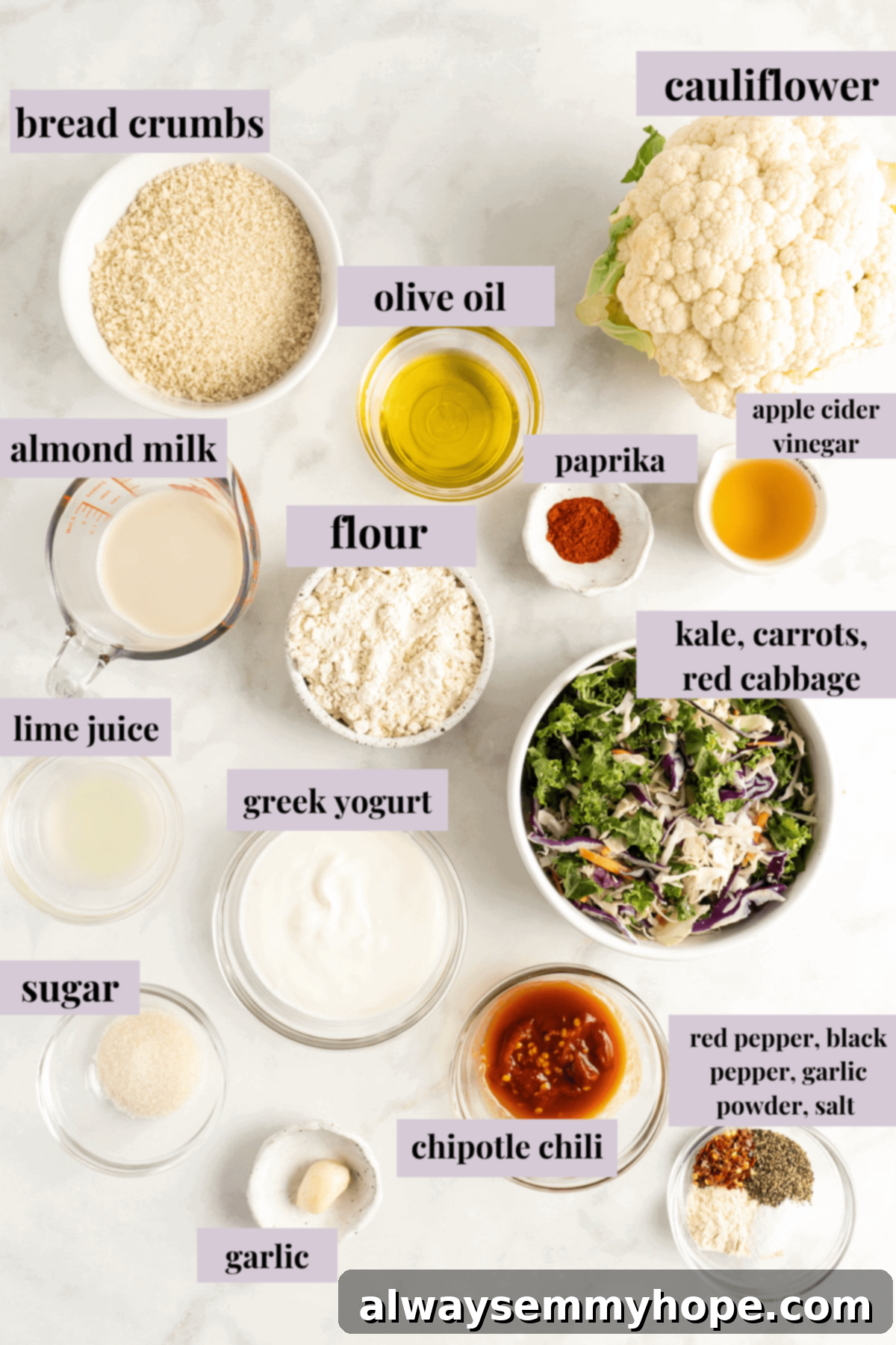 Crunchy Cauliflower Tacos with Smoky Chipotle Crema 3 Overhead view of various fresh ingredients for Crispy Cauliflower Tacos laid out, including cauliflower florets, chopped vegetables for slaw, and crema ingredients