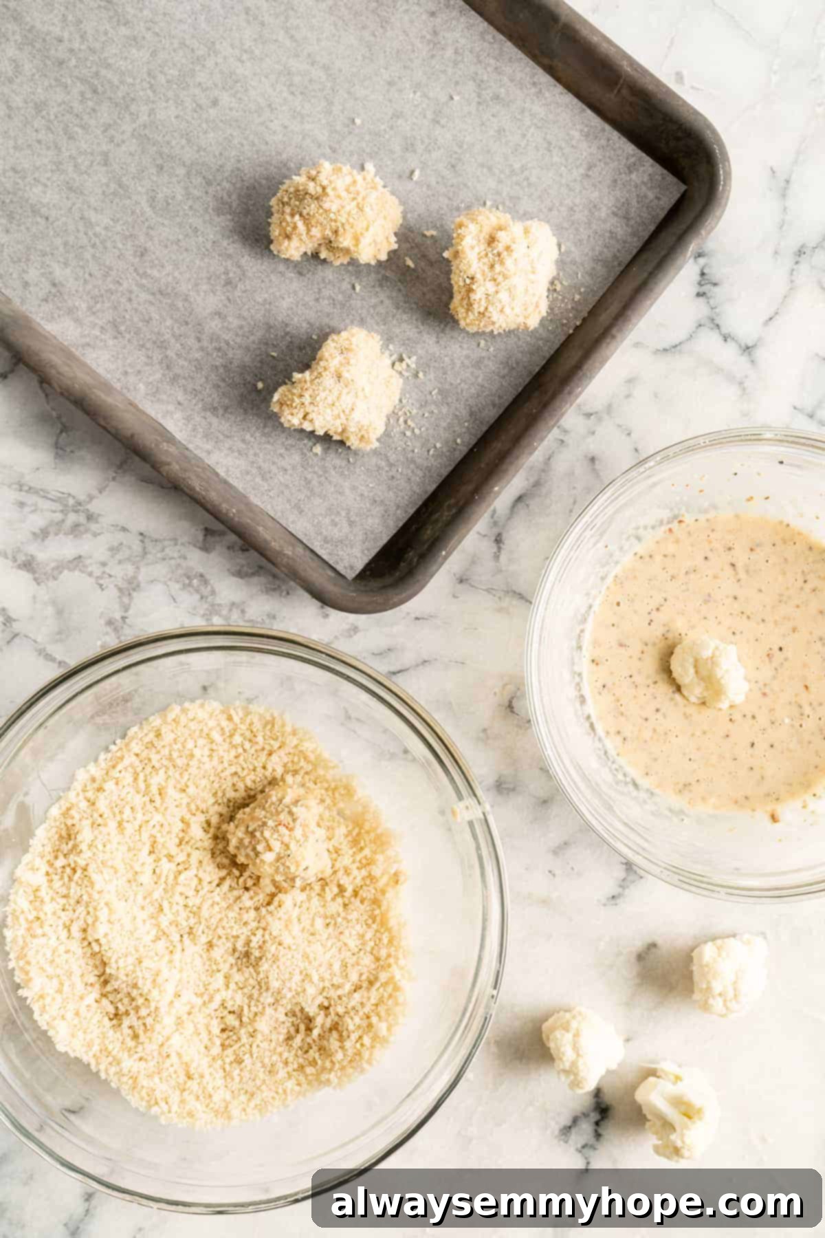 Crunchy Cauliflower Tacos with Smoky Chipotle Crema 6 Process of coating cauliflower florets: dipping in batter, then in breadcrumbs, and finally placing them on a baking sheet