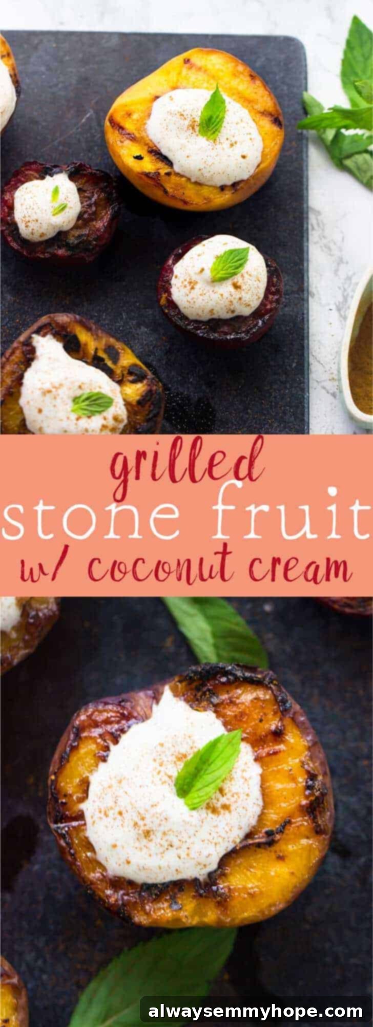 Flame-Kissed Fruit with Coconut Dream 6 A beautifully composed image showcasing grilled stone fruit with homemade coconut cream, perfect for a fresh and quick summer dessert, ready to be shared on social media or pinned, via jessicainthekitchen.com.