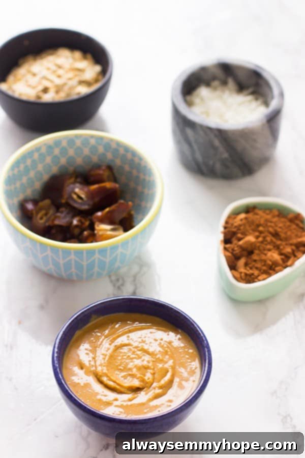 All 5 simple ingredients for easy vegan peanut butter energy balls laid out on a clean surface.