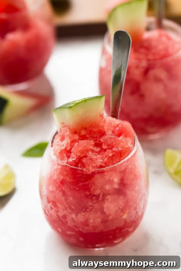 Watermelon granita in round glasses.