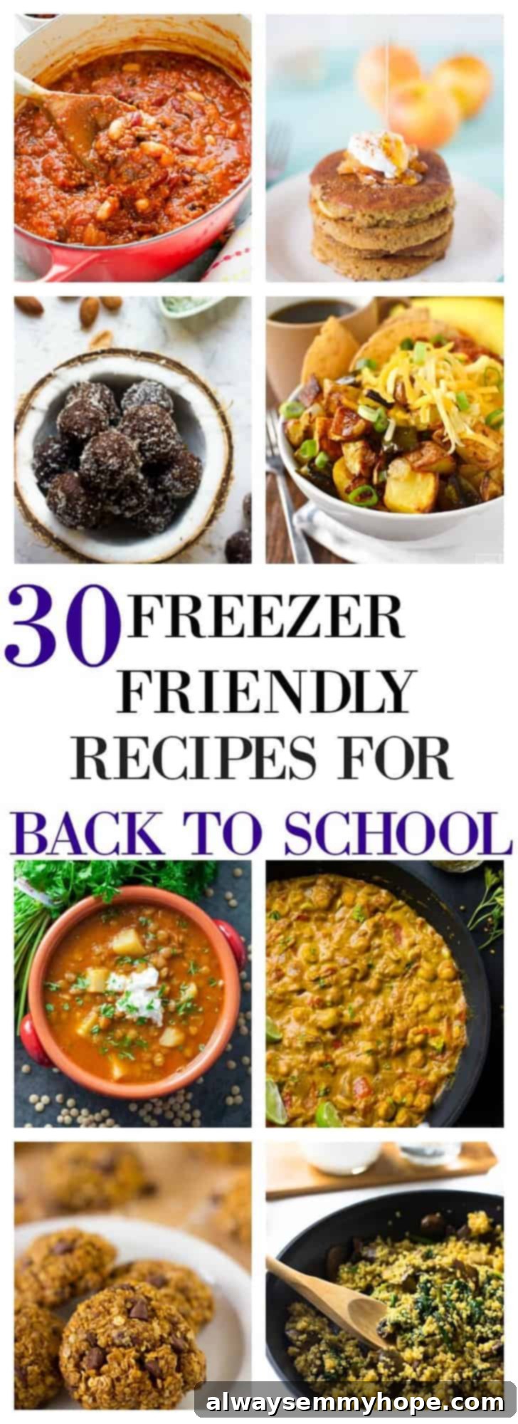 30 Make-Ahead Freezer Meals for Stress-Free Back to School 2 A montage of various freezer-friendly recipes, showcasing a mix of breakfast, snack, and dinner options, neatly arranged and ready for meal prep.