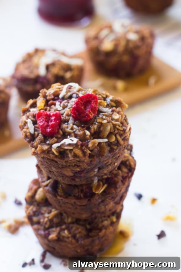 30 Make-Ahead Freezer Meals for Stress-Free Back to School 3 A delightful stack of chocolate raspberry oatmeal cups, ready to be enjoyed, artfully arranged on a tabletop.