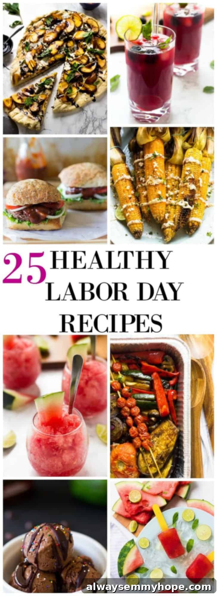 25 Essential Labor Day Recipes 2 A montage of vibrant Labor Day dishes including burgers, salads, drinks, and desserts.