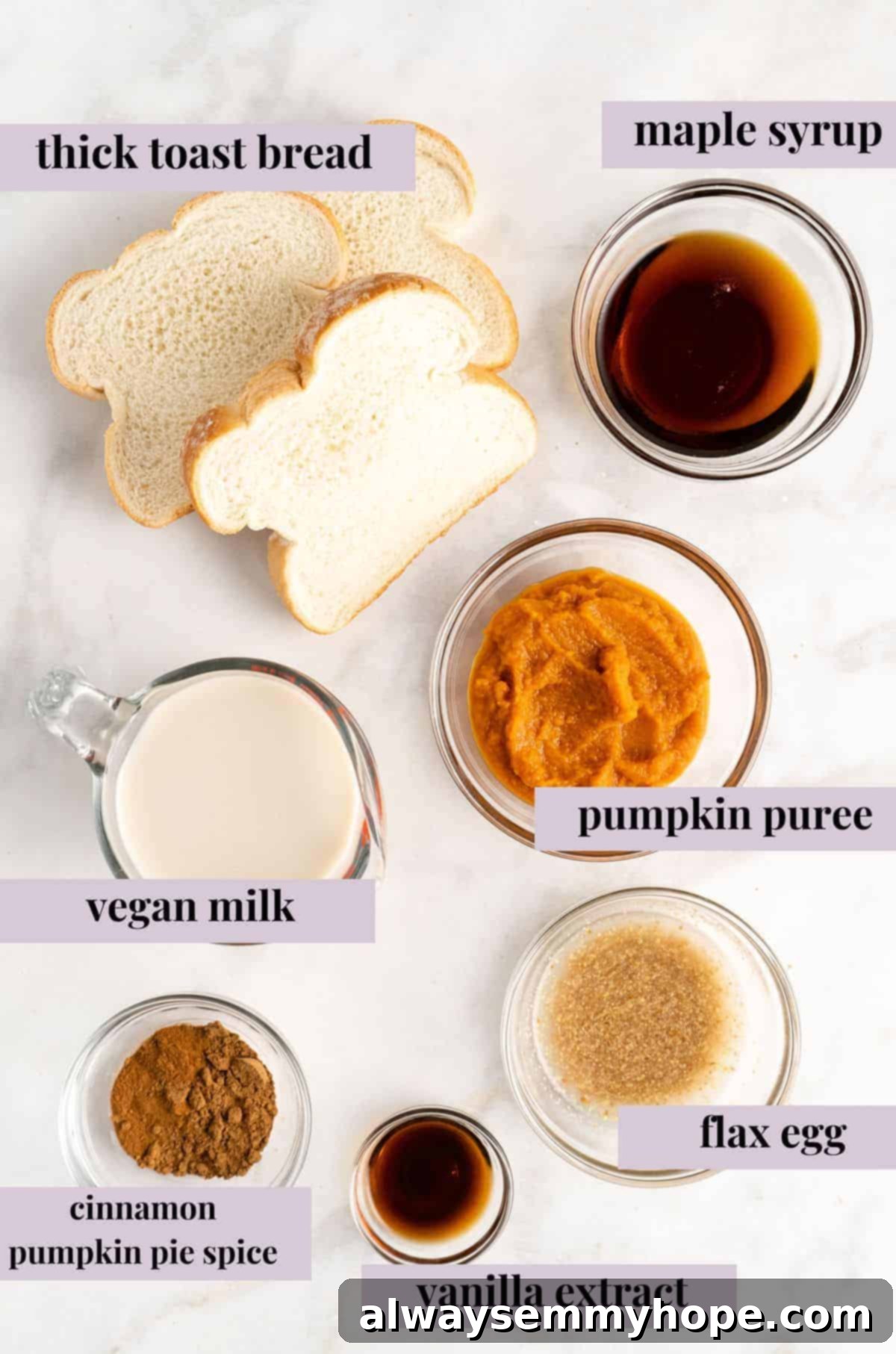 Overhead view of pumpkin French toast ingredients
