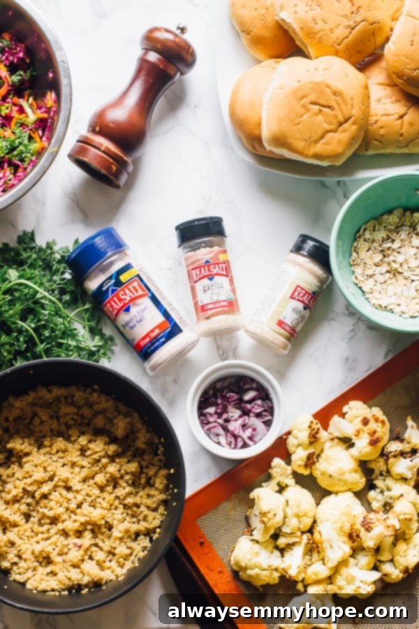 Top down shot of ingredients needed for vegan quinoa cauliflower burgers.
