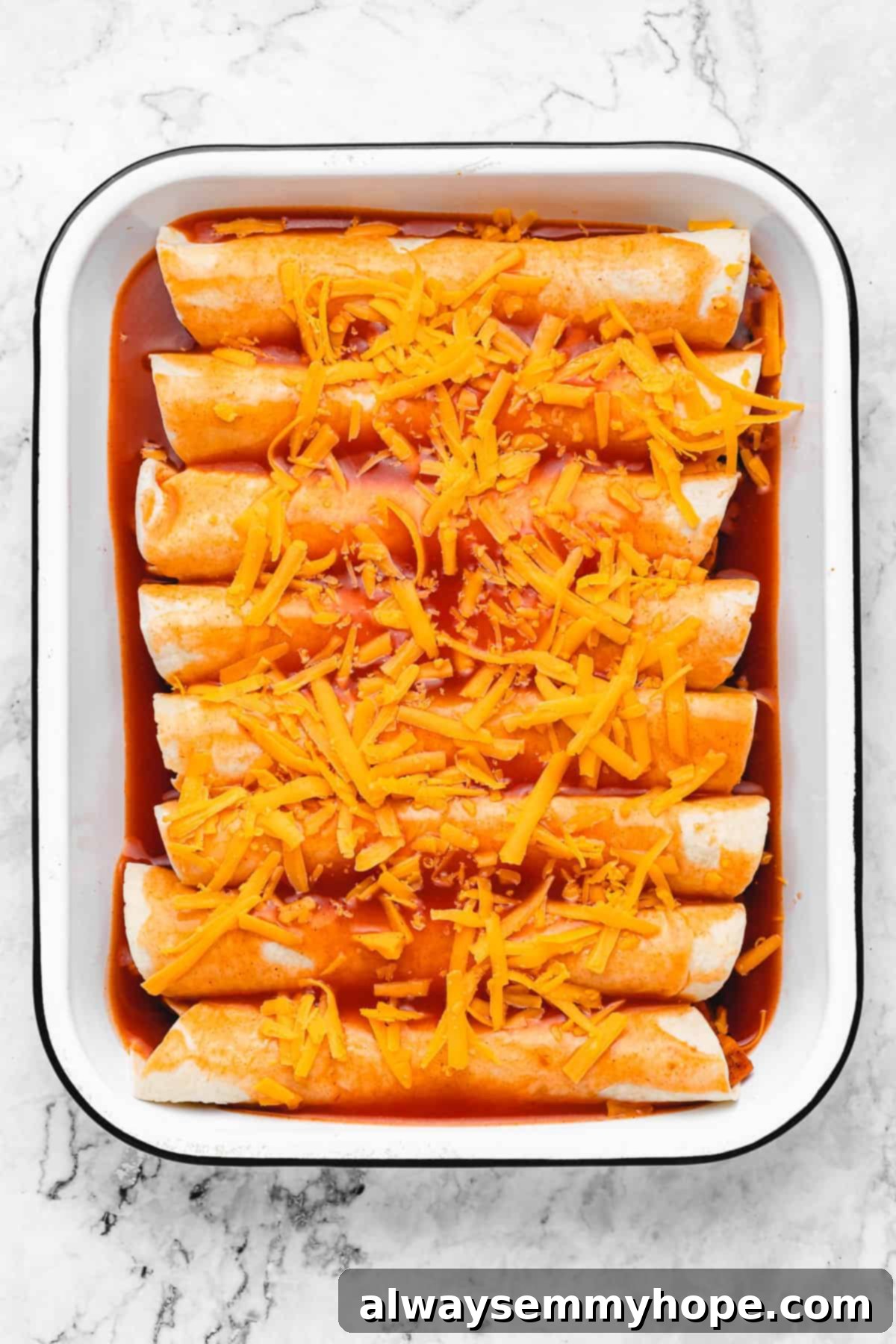 Stuffed tortillas with enchilada sauce and cheese.