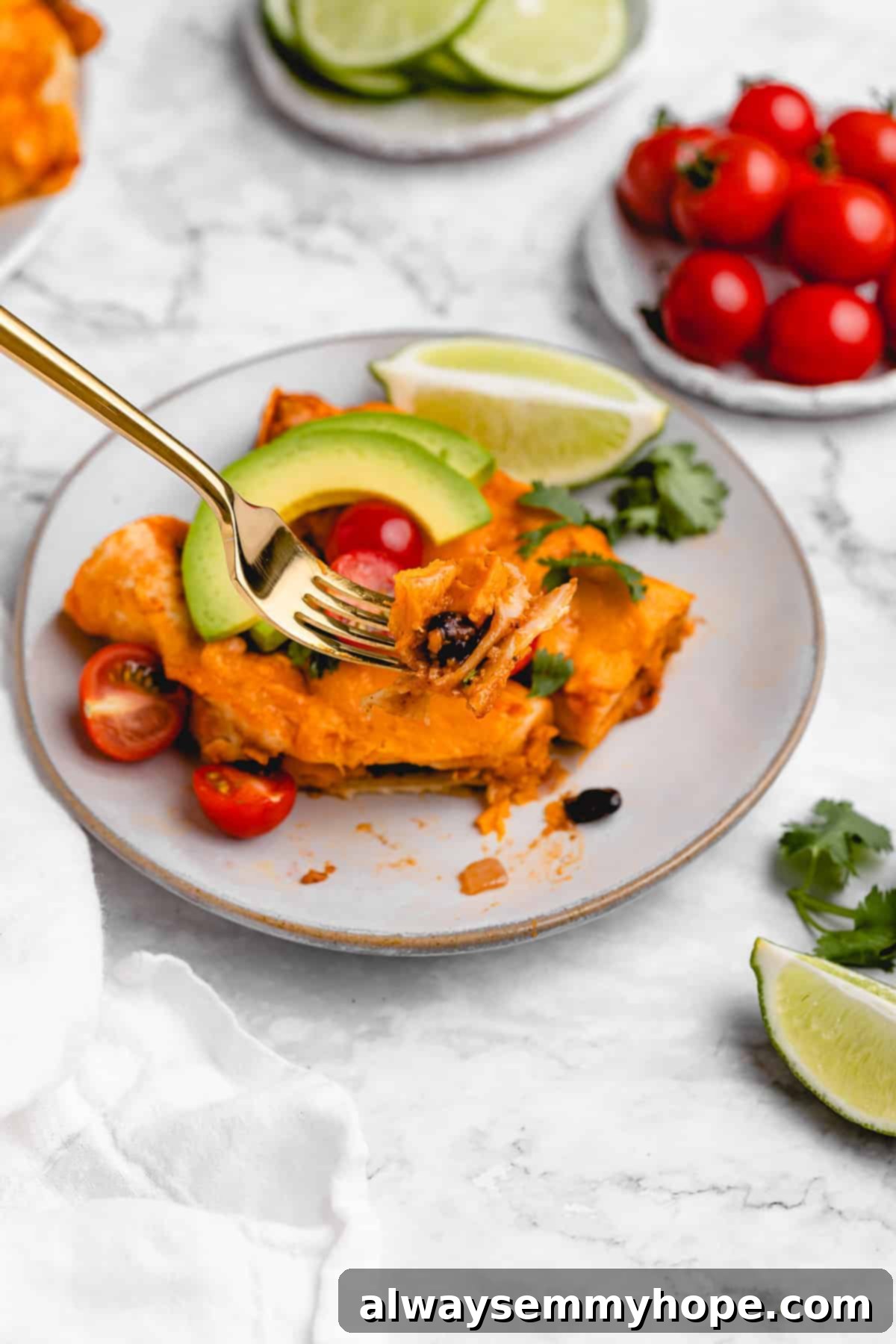 Vegan enchilada with avocado and lime.