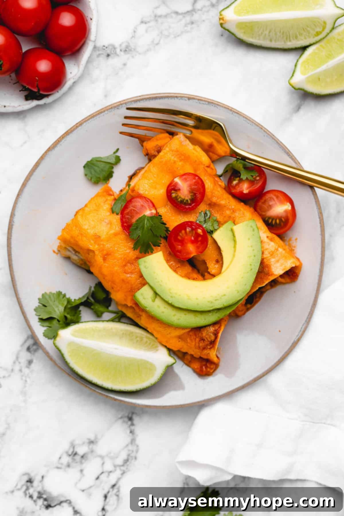 Plate of vegan enchiladas with avocado slices.