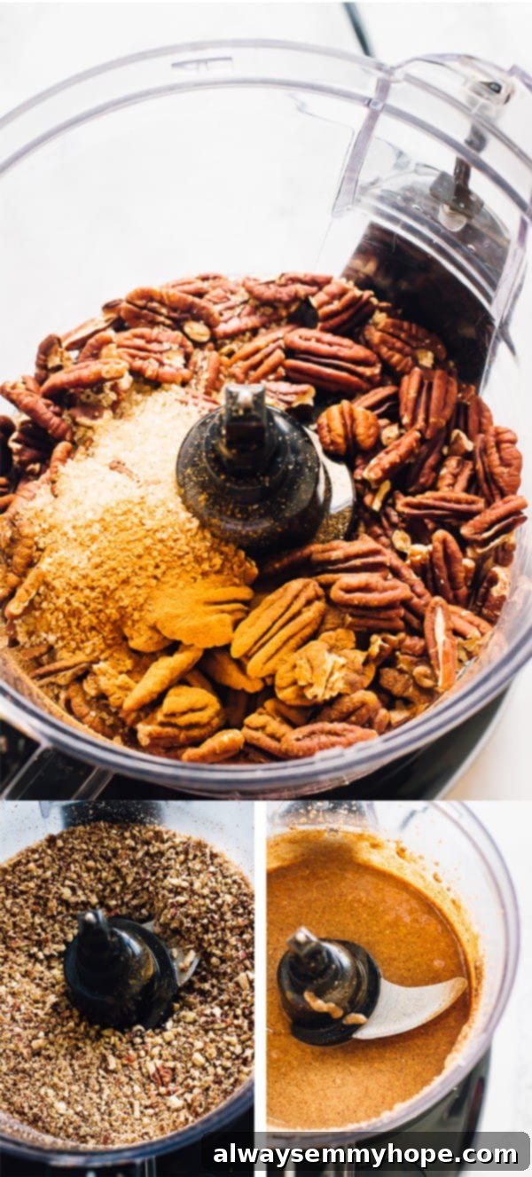 Making Homemade Pecan Butter: Step-by-Step A series of step-by-step photos showing the process of making pecan butter, from whole pecans to toasted, then being processed in a food processor, and finally, a jar of finished pecan butter.