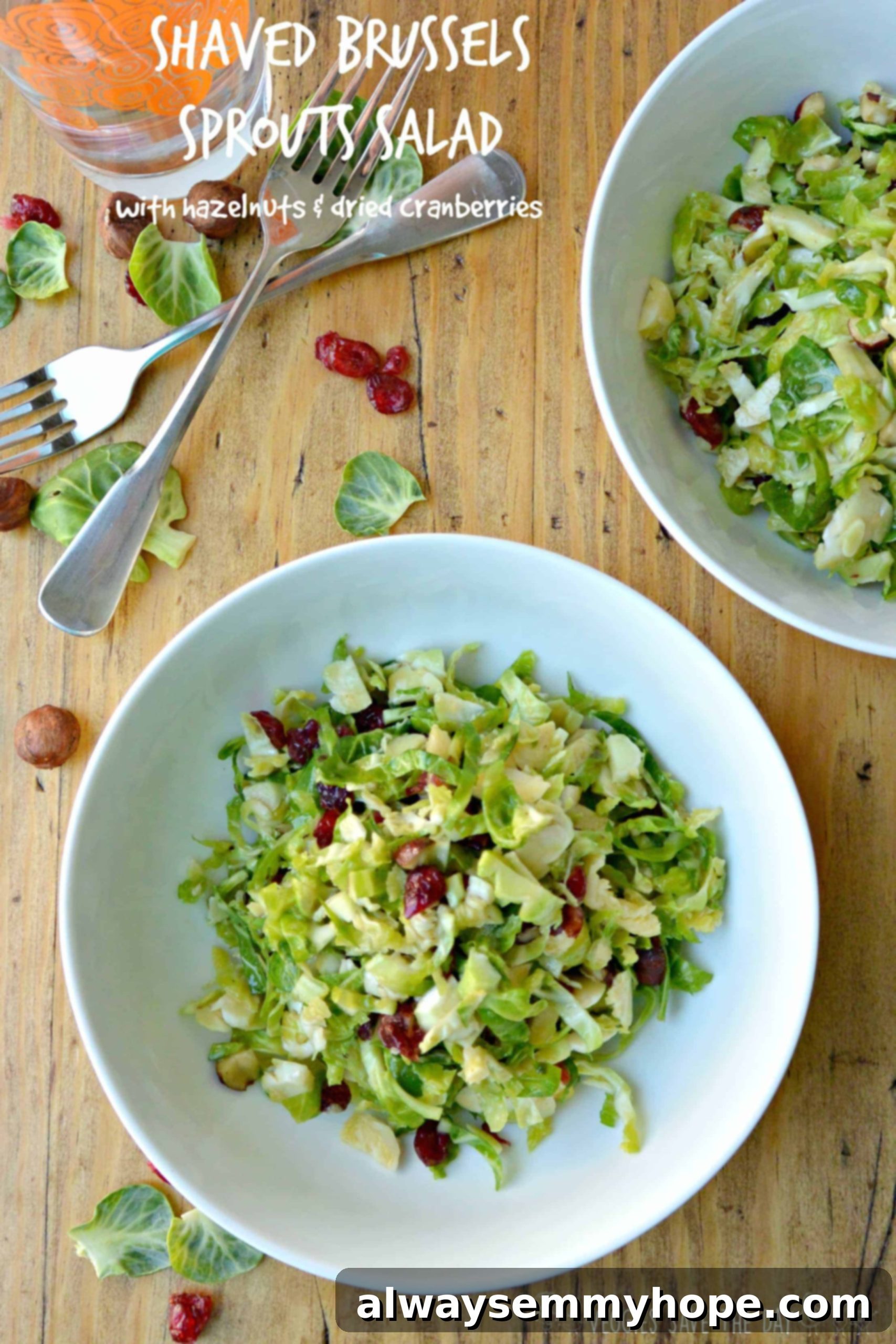 Quick Fall Vegan Dinners: 25 Recipes Ready in 15 Minutes 14 Overhead shot of a fresh and vibrant shaved brussels sprout salad in a white bowl on a light wood table top.