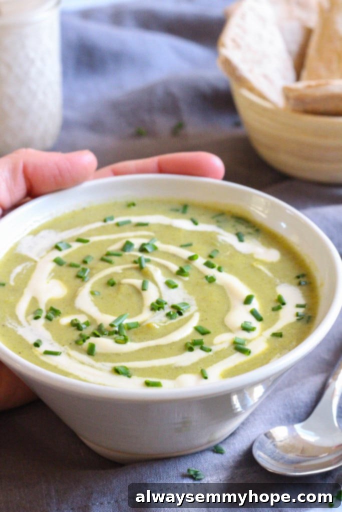 Quick Fall Vegan Dinners: 25 Recipes Ready in 15 Minutes 4 Hand cradling a white bowl of vibrant green broccoli soup.