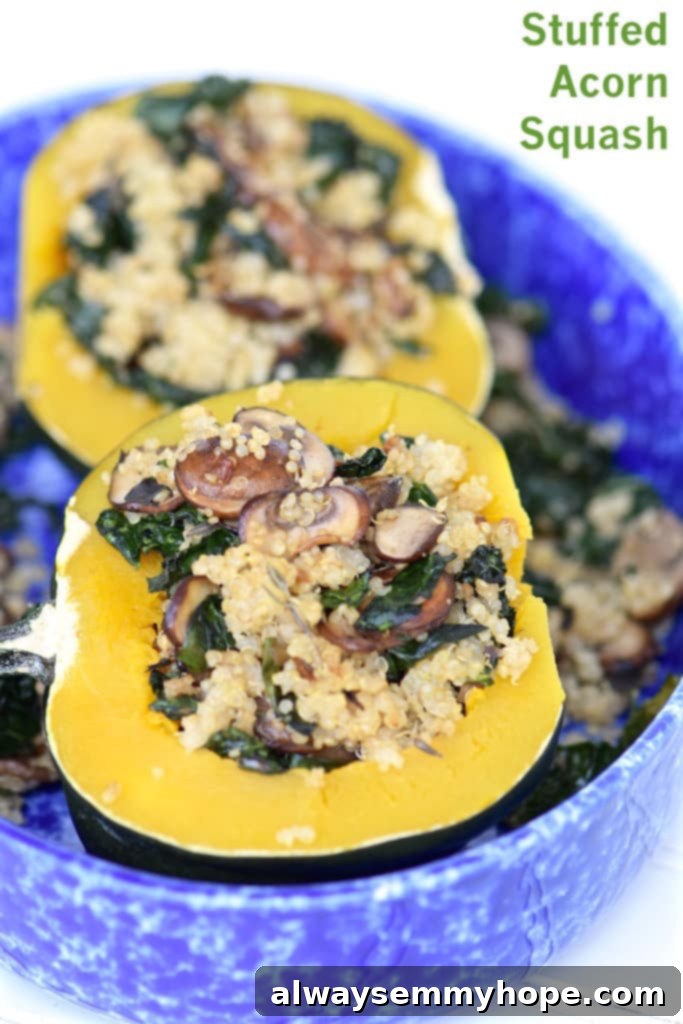 Quick Fall Vegan Dinners: 25 Recipes Ready in 15 Minutes 5 Side shot of two perfectly roasted, stuffed acorn squash halves in a blue baking dish.