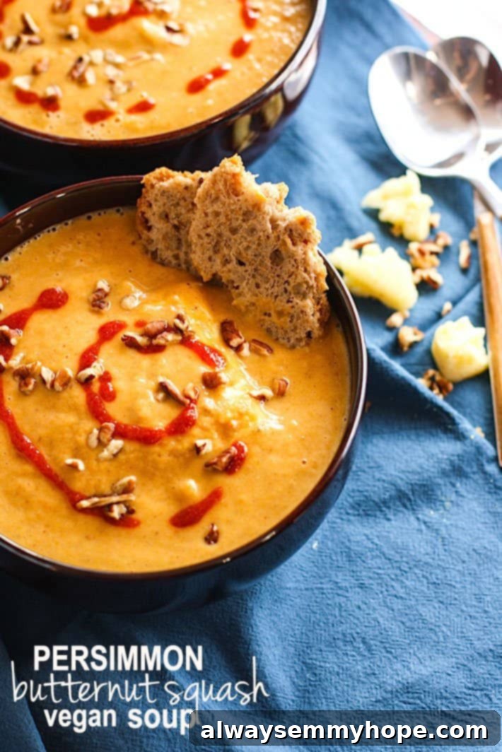 Quick Fall Vegan Dinners: 25 Recipes Ready in 15 Minutes 6 Top down shot of a bowl of creamy persimmon butternut squash soup garnished with fresh herbs.
