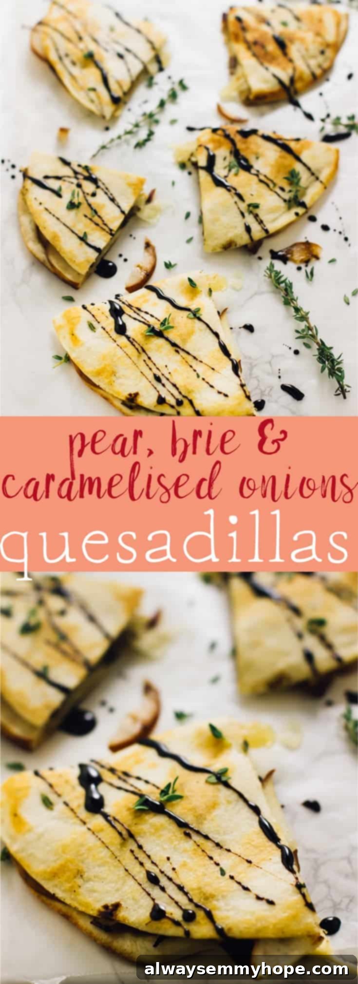 These Pear Brie & Caramelised Onions Quesadillas are drizzled with a balsamic glaze that make it the ultimate fall quick meal! via https://jessicainthekitchen.com