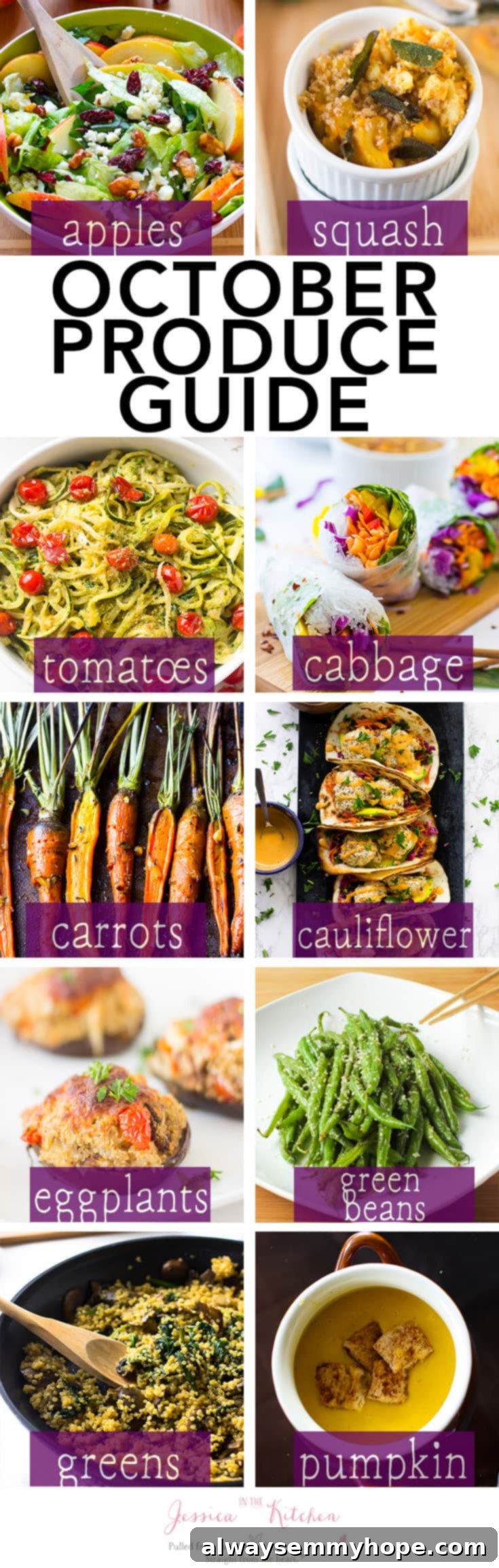 A vibrant montage of various healthy dishes featuring seasonal October produce like apples, broccoli, squash, and pumpkin.
