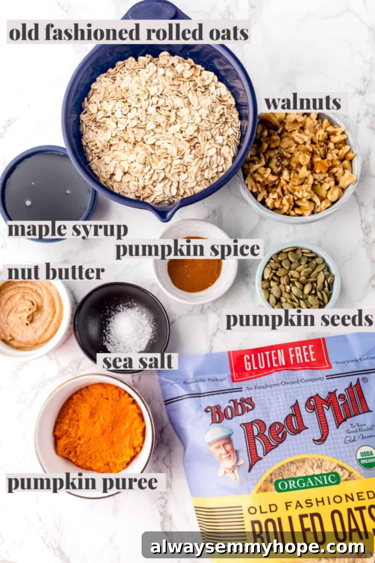 A selection of raw ingredients laid out, including old-fashioned oats, pumpkin puree, almond butter, walnuts, and pumpkin seeds, ready for making granola.