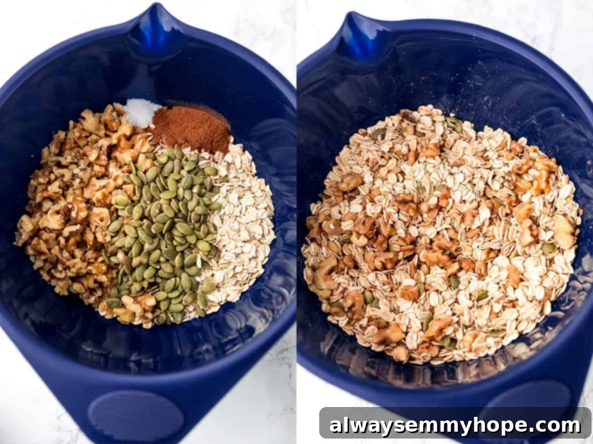 A visual guide with step-by-step photos illustrating the process of combining ingredients and preparing pumpkin granola for baking.