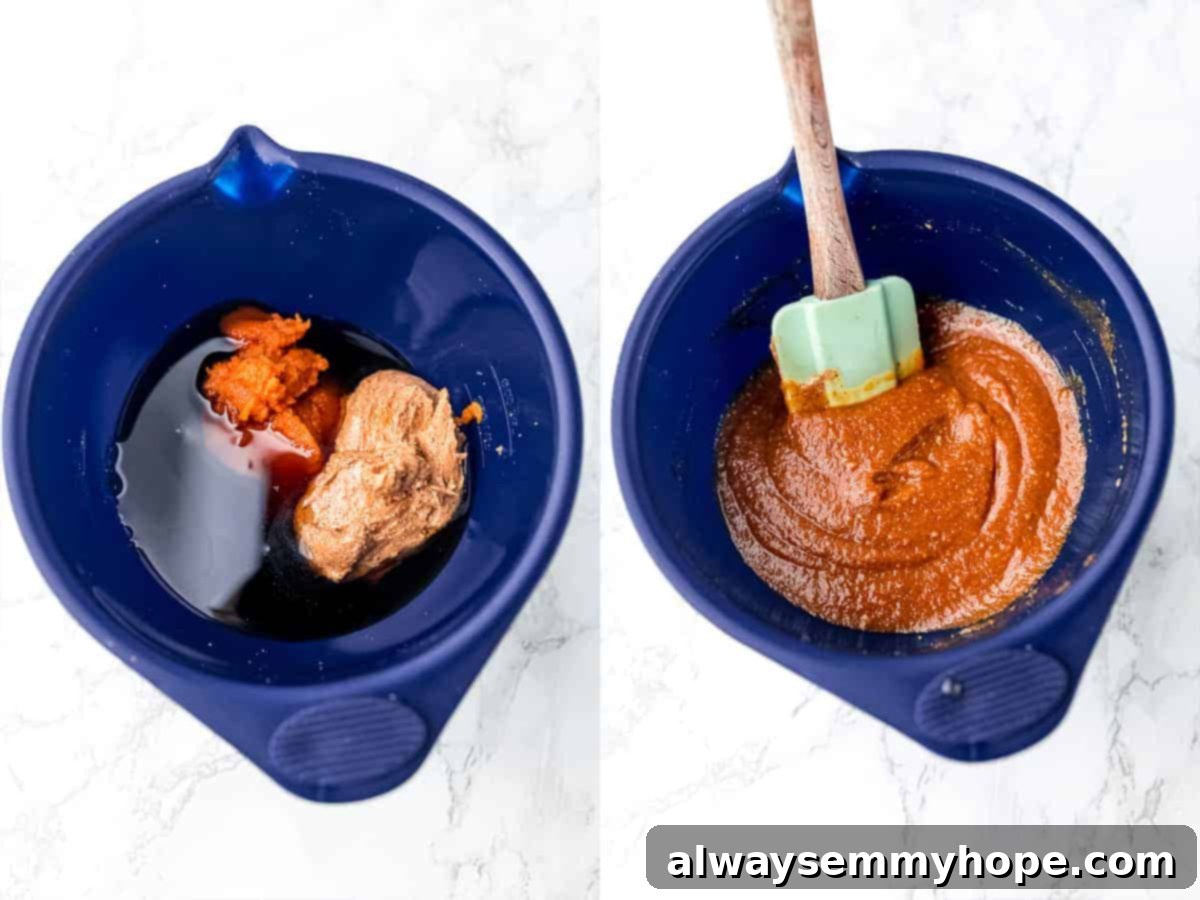 Close-up shot showing dry ingredients being mixed in a bowl, followed by wet ingredients being whisked smooth in a separate bowl.