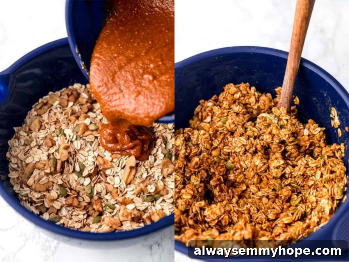 A series of images showing the wet pumpkin granola mixture being poured over the dry ingredients and then stirred together until evenly coated.