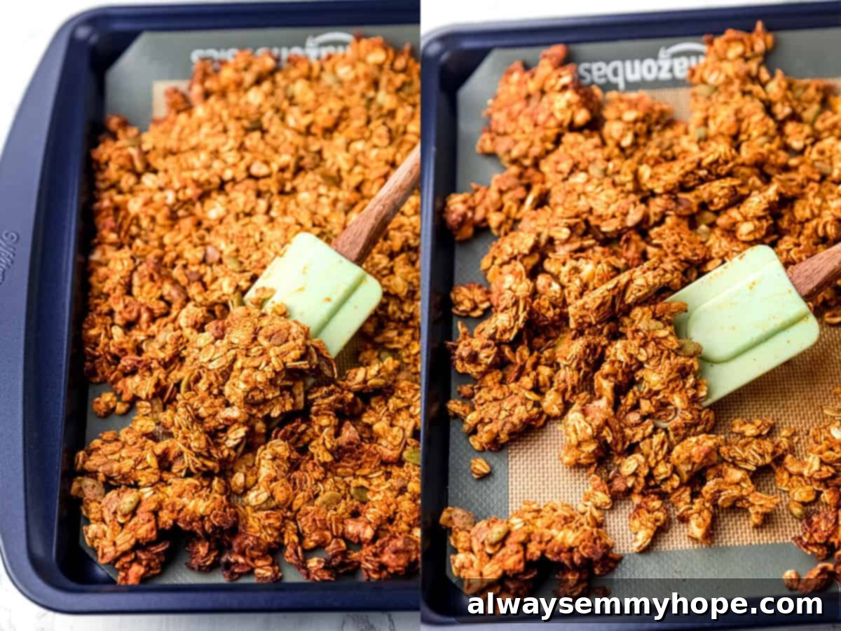 Two side-by-side images showing baked pumpkin granola on a baking sheet, with a spatula gently breaking it into desired clusters after cooling.