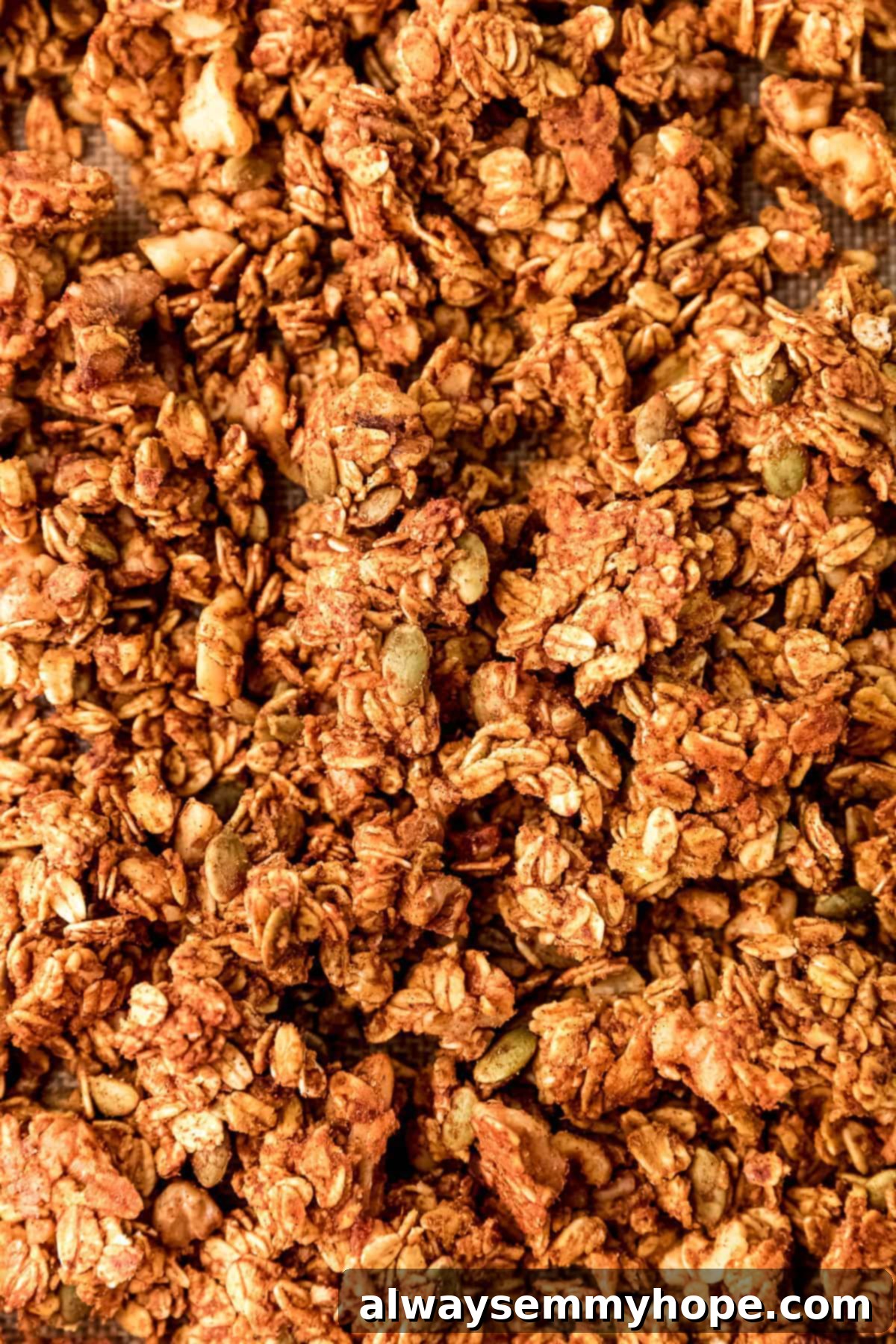 A top-down view of freshly baked pumpkin granola spread out on a baking tray, showing its golden color and promising texture.