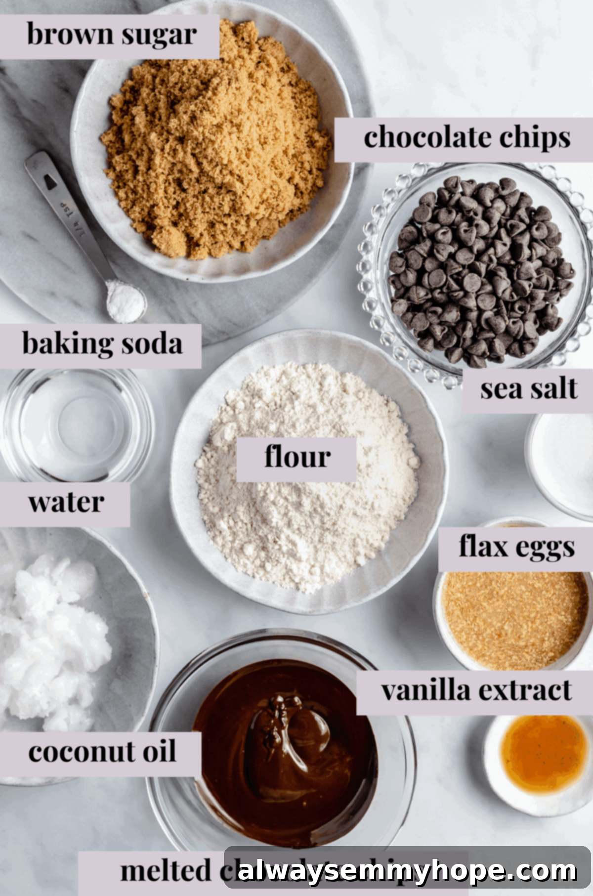 Chewy and Fudgy Vegan Brownies 4 Key ingredients for making vegan brownies laid out on a surface.