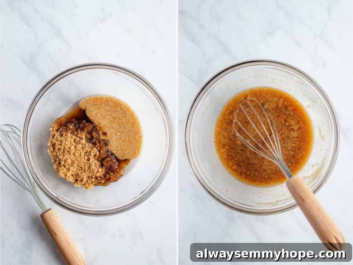 Chewy and Fudgy Vegan Brownies 5 Brown sugar and melted coconut oil being whisked together in a bowl.