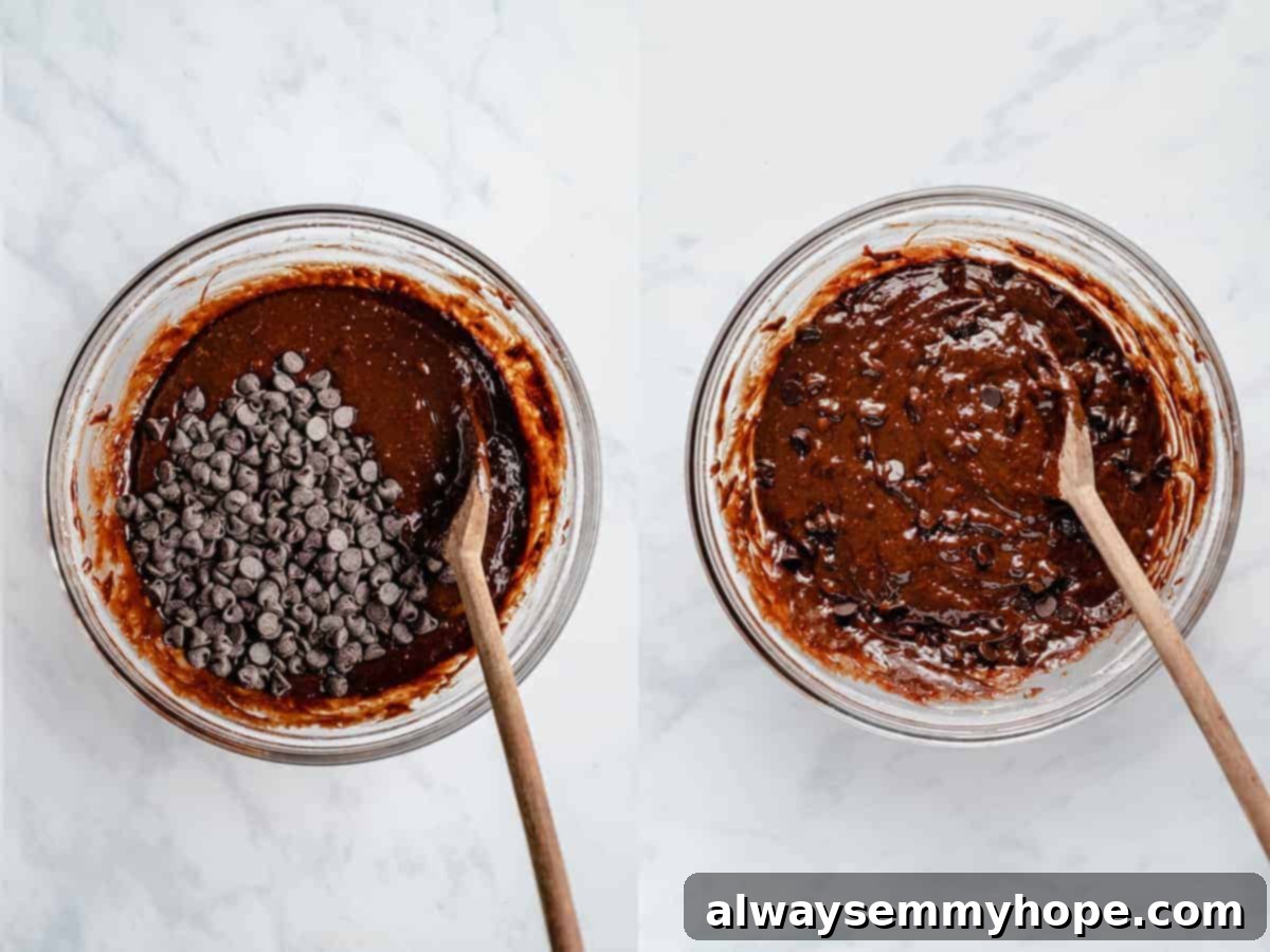 Chewy and Fudgy Vegan Brownies 7 Another step-by-step photo illustrating the mixing of brownie batter to achieve a smooth consistency.