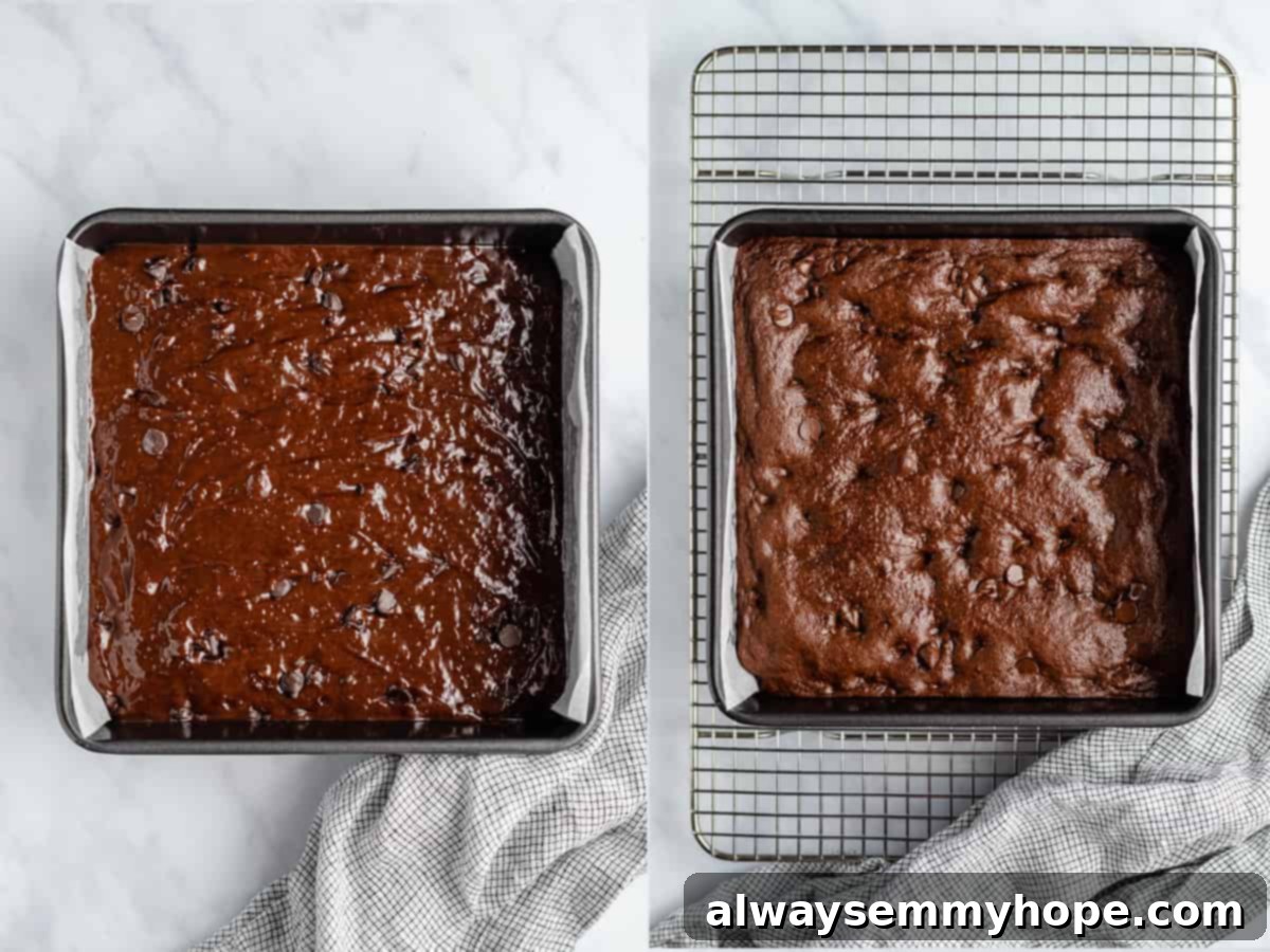 Chewy and Fudgy Vegan Brownies 8 Comparison of unbaked brownie batter in a pan next to freshly baked brownies.