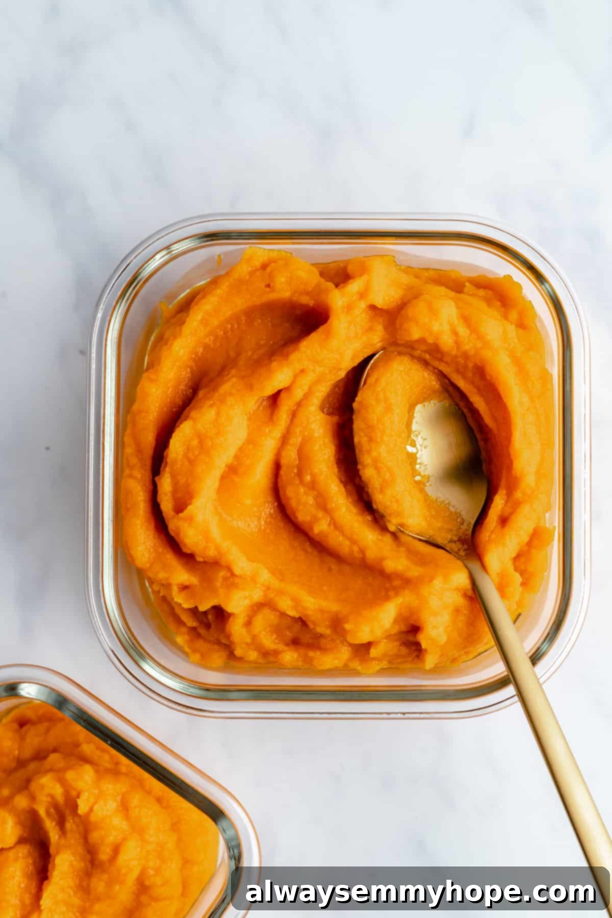 A glass container filled with smooth, golden homemade pumpkin puree, with a spoon resting inside, ready for use in various recipes.