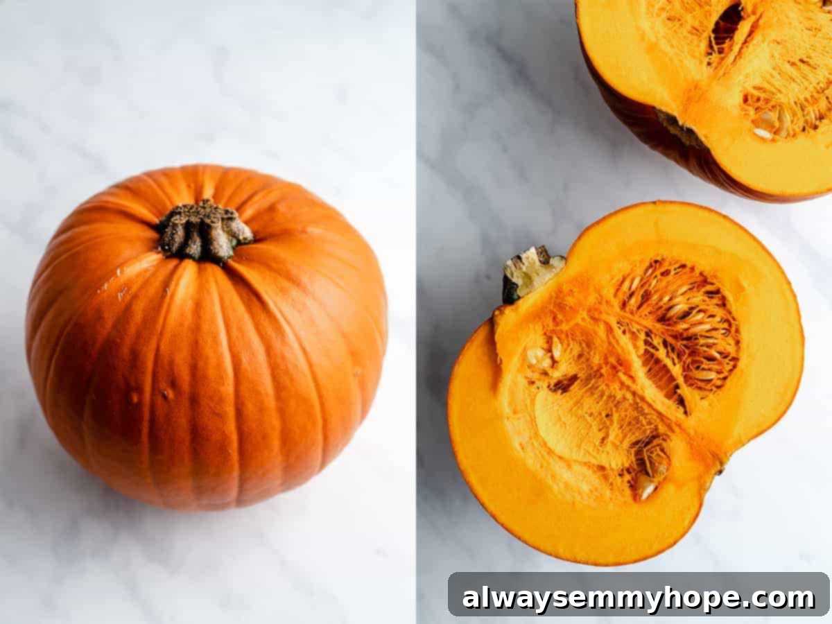 A visual collage showing the step-by-step process of preparing a pumpkin for puree: cutting it, scooping out seeds, and slicing it.