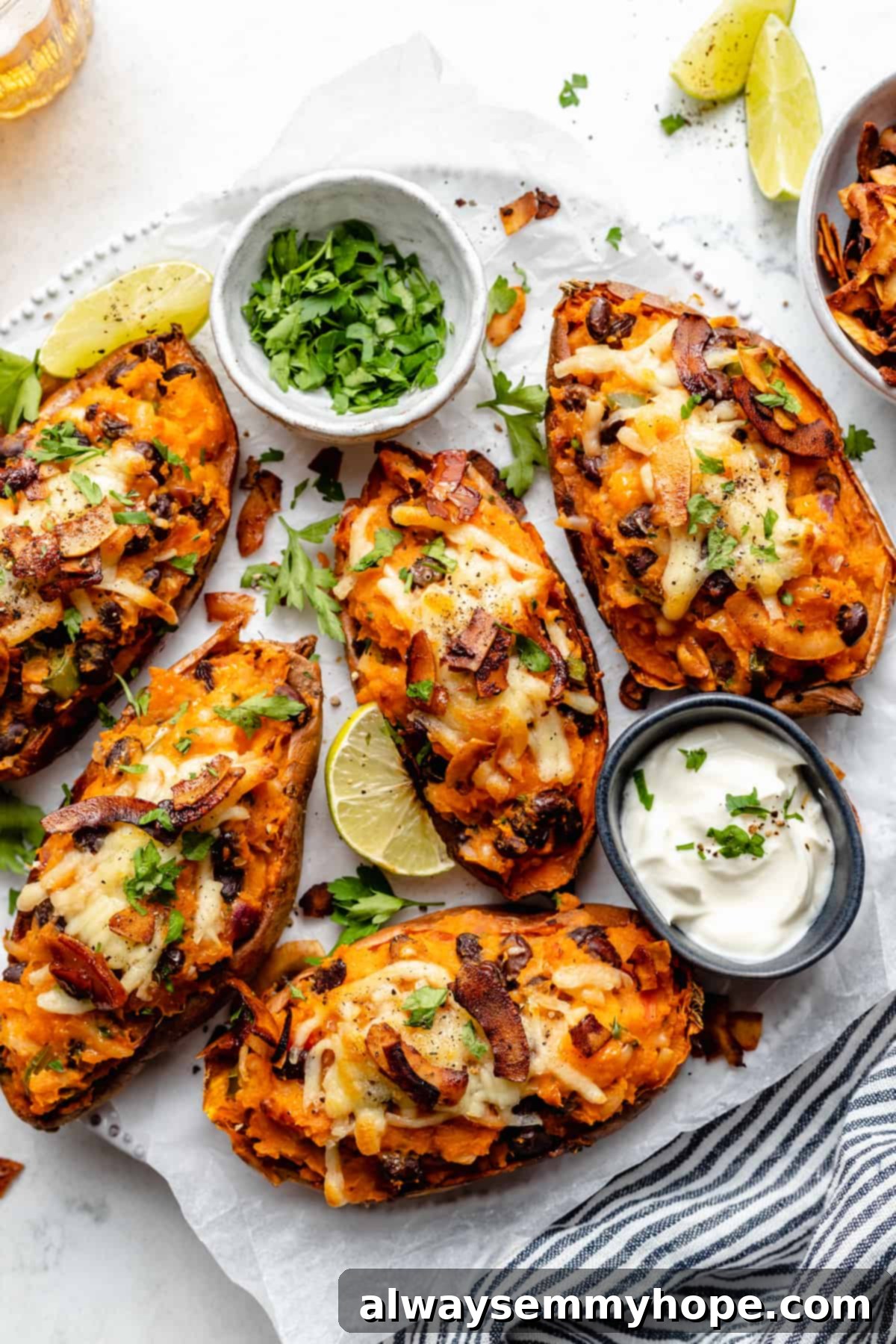 Stuffed Sweet Potato Skins 2 Overhead view of loaded sweet potato skins on plate with bowls of yogurt and cilantro
