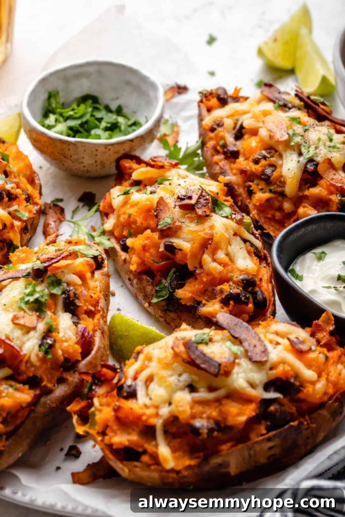 Stuffed Sweet Potato Skins 13 Loaded sweet potato skins on platter with bowls of cilantro and yogurt for garnish