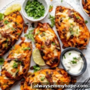 Stuffed Sweet Potato Skins 16 Overhead view of loaded sweet potato skins on plate with bowls of yogurt and cilantro