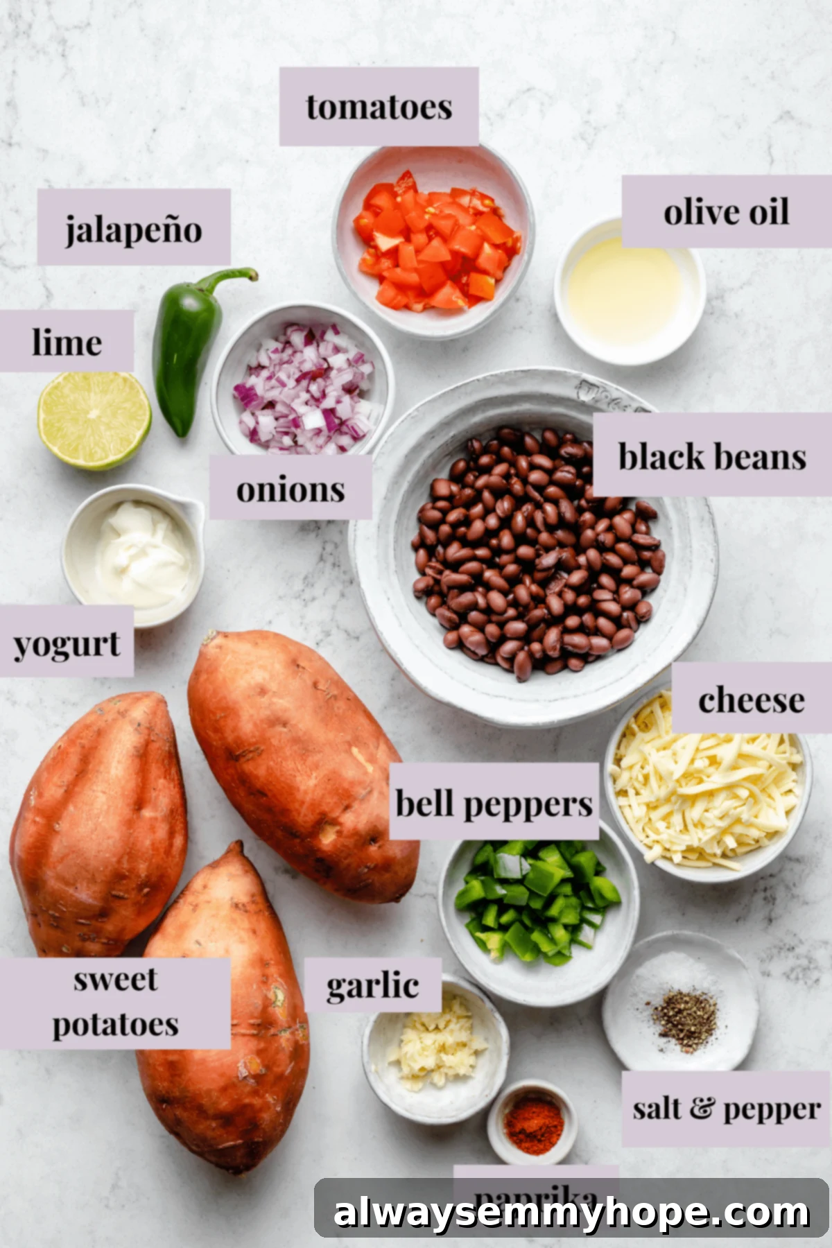 Stuffed Sweet Potato Skins 3 Overhead view of loaded sweet potato skin ingredients