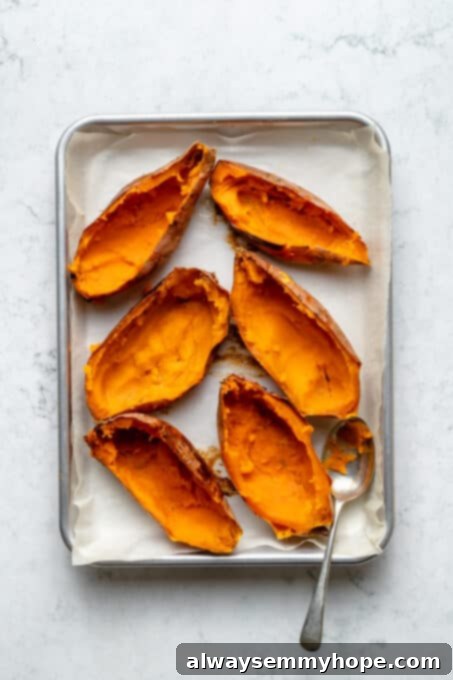 Stuffed Sweet Potato Skins 7 Overhead view of scooped out sweet potatoes