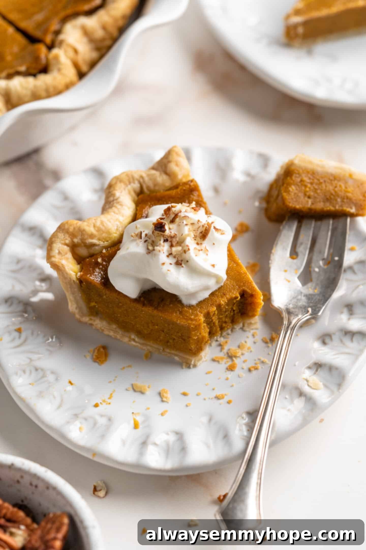 This homemade vegan pumpkin pie is perfectly silky, and tastes just like the traditional version! It's the best Thanksgiving dessert! A slice of pumpkin pie with cream on top with a bite on a fork.