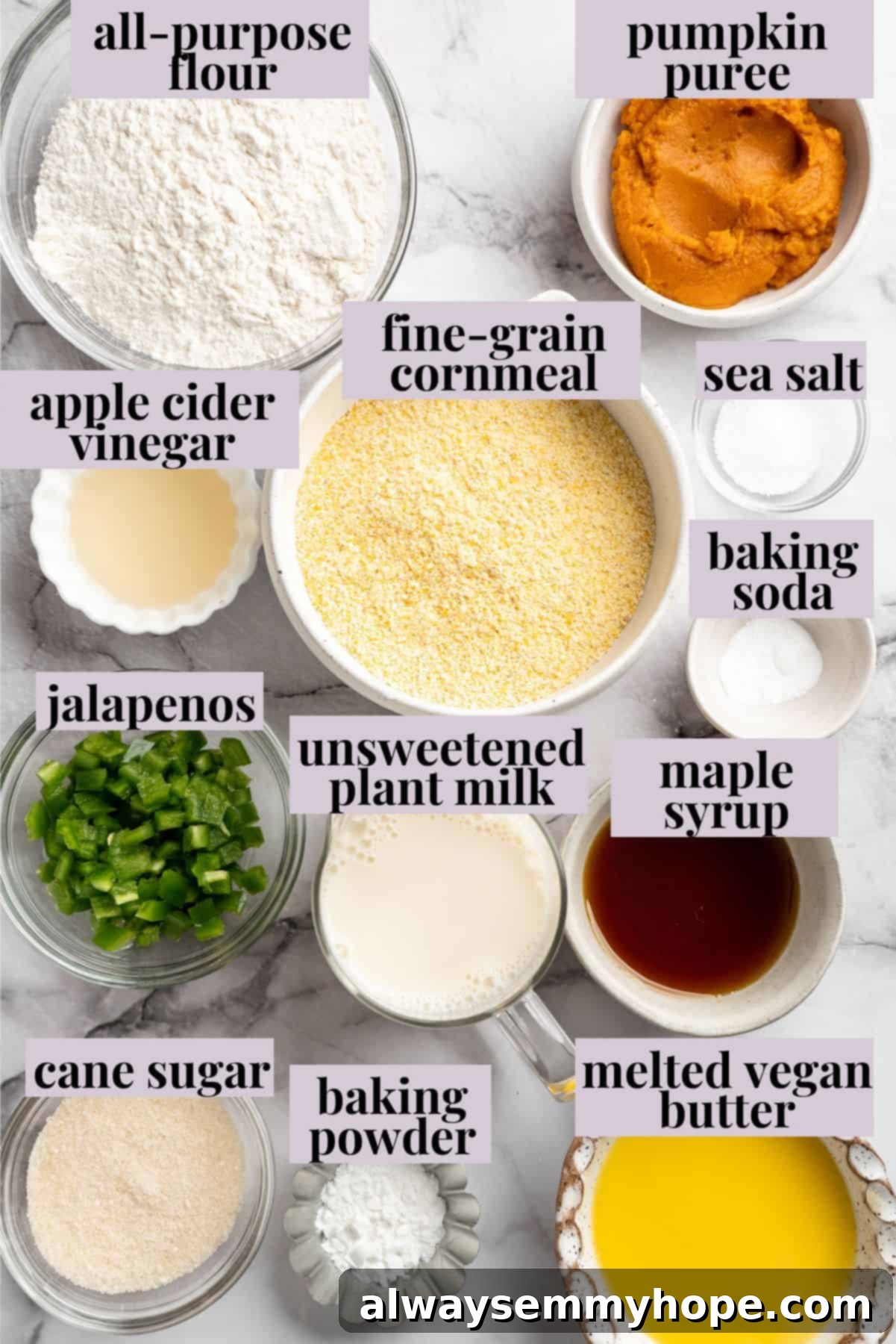 These moist vegan jalapeño cornbread muffins are easy to make and have a gluten-free option, which means everyone can enjoy them! Overhead view of ingredients for vegan cornbread muffins with labels.