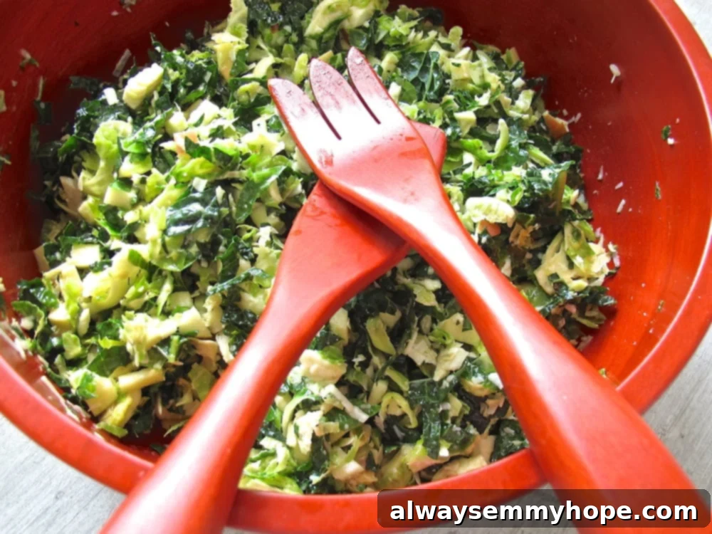 Kale and brussels sprout salad in a red bowl.