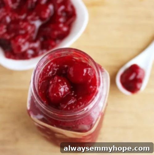 Top down shot of cranberry sauce in a glass jar with a spoonful on the side.