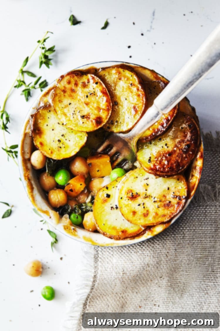 Top down shot of veggie pot pie with crispy potato topping.