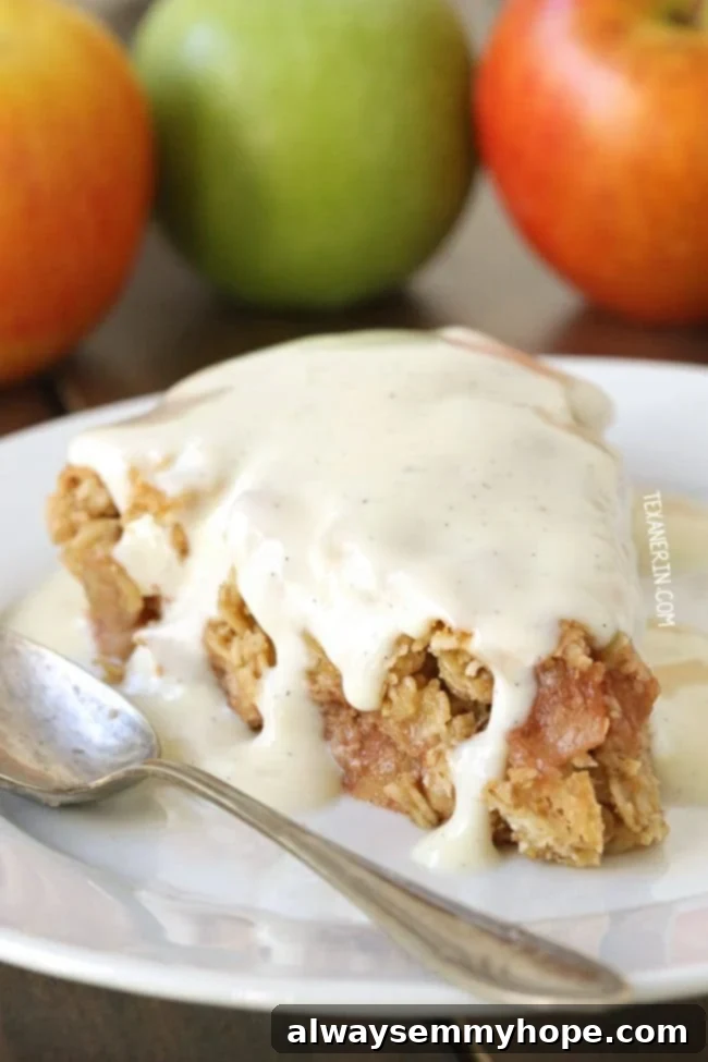 A slice of gluten free swedish apple pie with ice cream melting on top. 