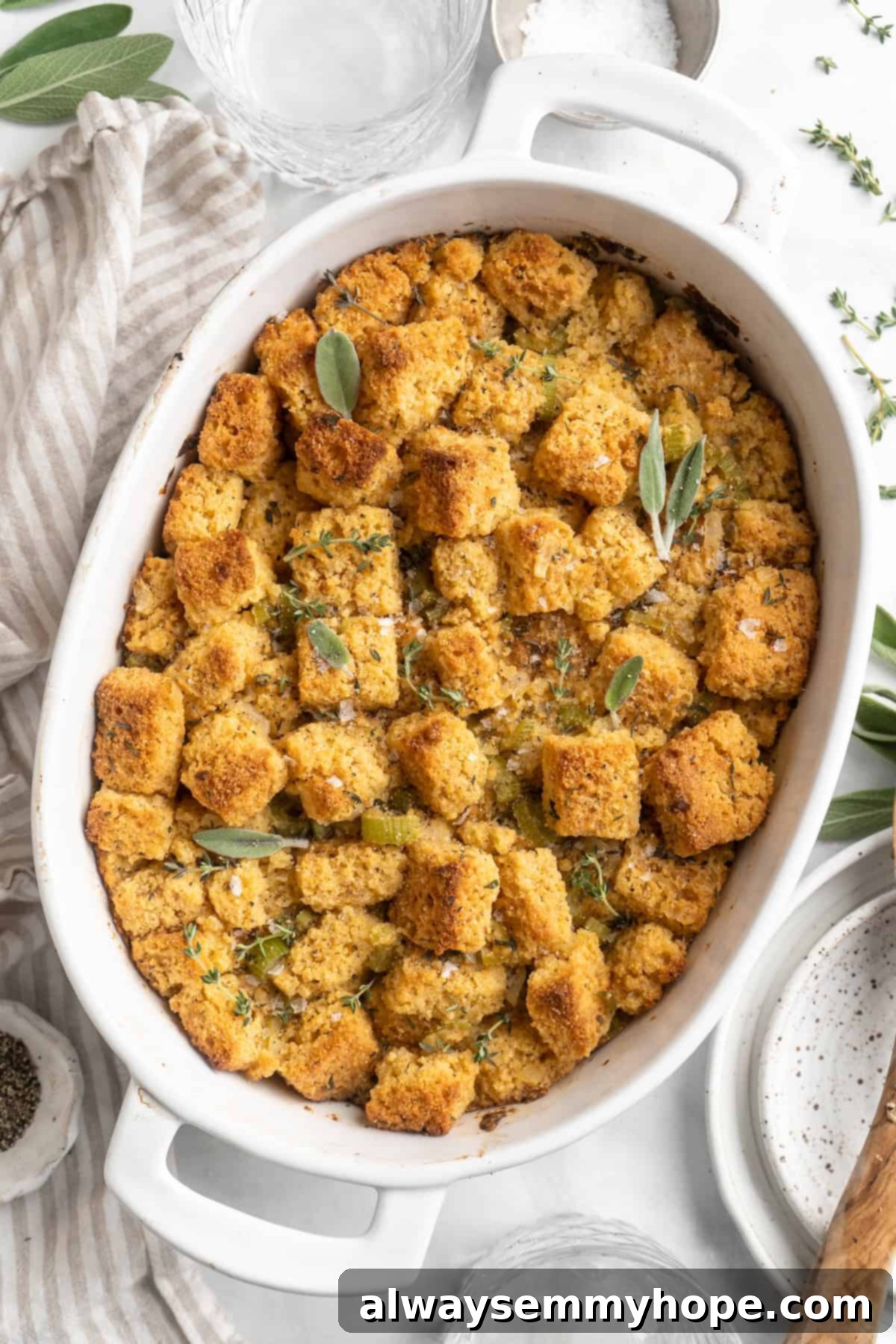 Overhead view of perfectly baked cornbread stuffing adorned with fresh thyme sprigs in a white baking dish