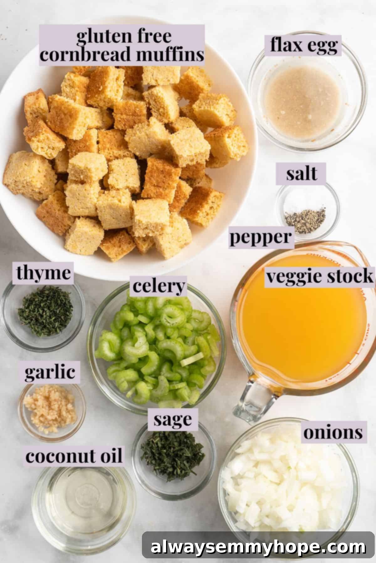 Overhead shot showcasing a vibrant array of fresh ingredients for cornbread stuffing, including cornbread pieces, celery, onions, herbs, and broth, all labelled clearly